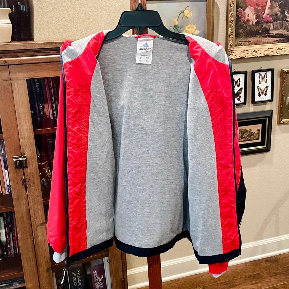 Adidas men’s full zip hooded lined windbreaker jacket w/ pockets SZ M navy red - Picture 10 of 12
